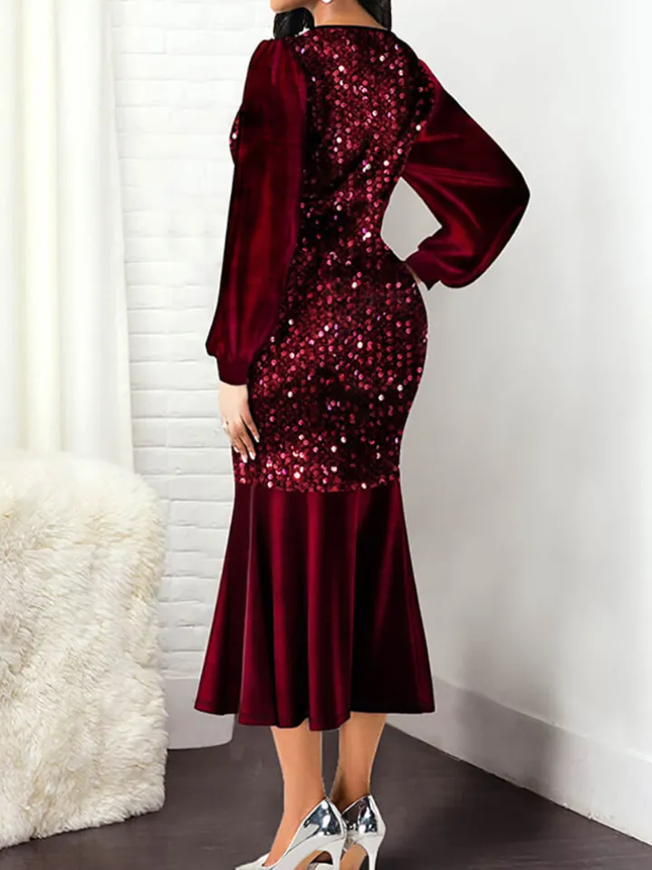 Lantern Sleeve Sequin Patchwork Midi Dress