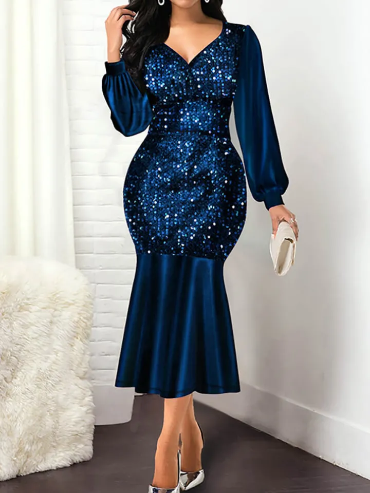 Lantern Sleeve Sequin Patchwork Midi Dress