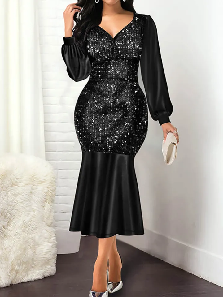 Lantern Sleeve Sequin Patchwork Midi Dress