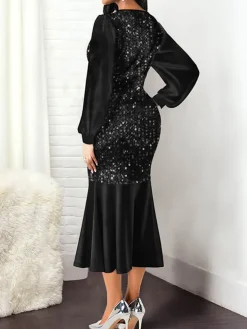 Lantern Sleeve Sequin Patchwork Midi Dress