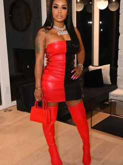 Leather Off Shoulder Tie Mini Dress