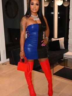 Leather Off Shoulder Tie Mini Dress