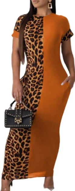 Leopard Patchwork Short Sleeve Bodycon Midi Dress