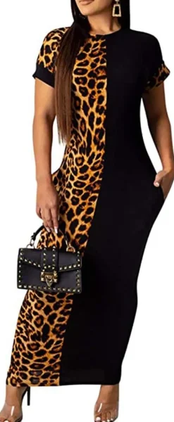 Leopard Patchwork Short Sleeve Bodycon Midi Dress