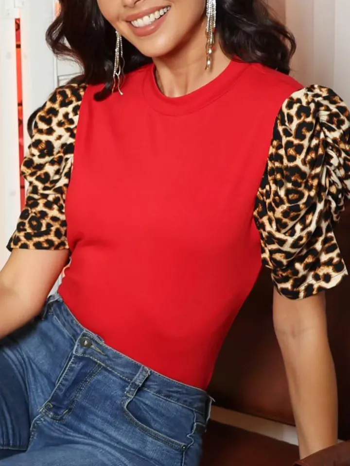 Leopard Print Patchwork Puff Sleeve Blouse