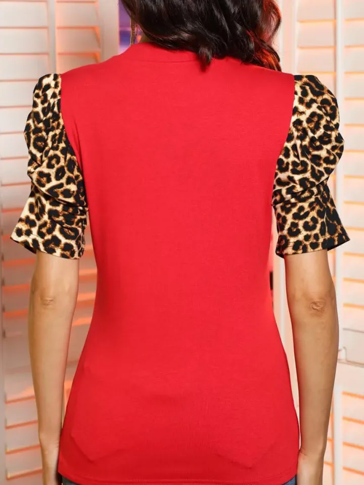 Leopard Print Patchwork Puff Sleeve Blouse
