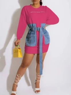 Letter Embroidery Lace-up Denim Dress