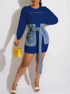 Letter Embroidery Lace-up Denim Dress
