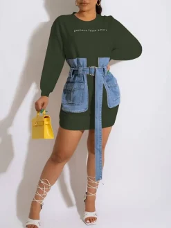 Letter Embroidery Lace-up Denim Dress