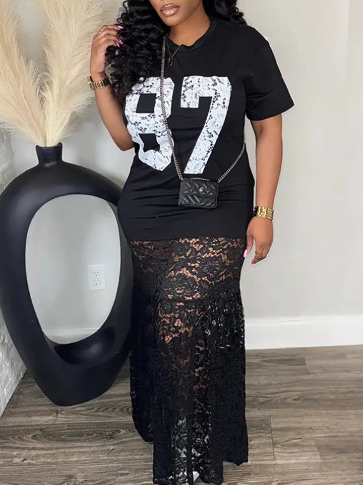 Letter Print Lace Patchwork Maxi Dress