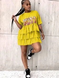 Letter Print Patchwork Tiered Layer Mesh T-shirt Dress