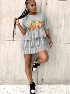 Letter Print Patchwork Tiered Layer Mesh T-shirt Dress