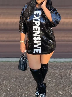 Letter Print Sequins Mesh Mini Dress