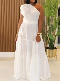 Linen Boho One Shoulder Maxi Dress