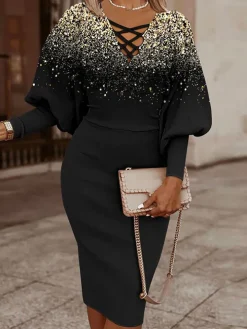 Long Lantern Sleeve Printed Midi Dress