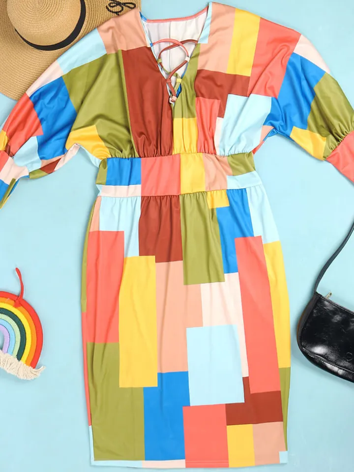 Long Lantern Sleeve Printed Midi Dress