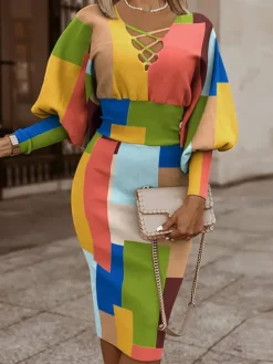 Long Lantern Sleeve Printed Midi Dress