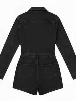 Long Sleeve Button Washed Denim Romper