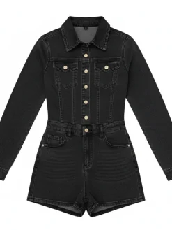 Long Sleeve Button Washed Denim Romper