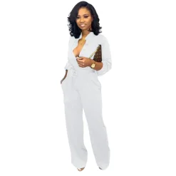 Long Sleeve Button Wide Leg Jumpsuit