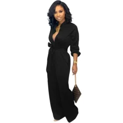 Long Sleeve Button Wide Leg Jumpsuit