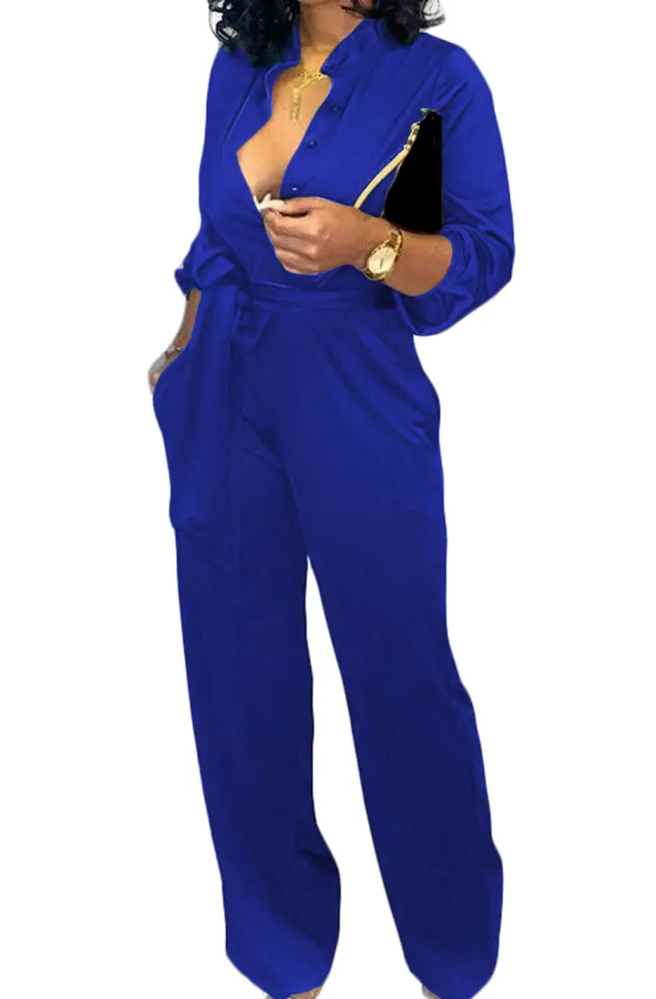 Long Sleeve Button Wide Leg Jumpsuit