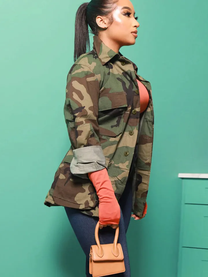 Long Sleeve Camouflage Printed Button Jacket