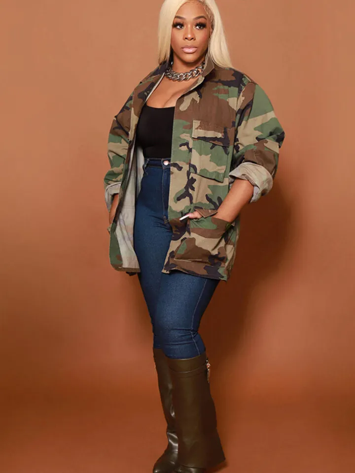 Long Sleeve Camouflage Printed Button Jacket