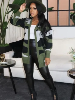 Long Sleeve Casual Camouflage Knitted Cardigan
