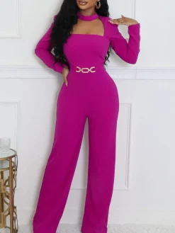 Long Sleeve Choker Waist Chain Jumpsuit
