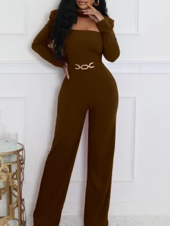Long Sleeve Choker Waist Chain Jumpsuit