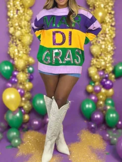 Long Sleeve Color Block Sequin Letter Pullover