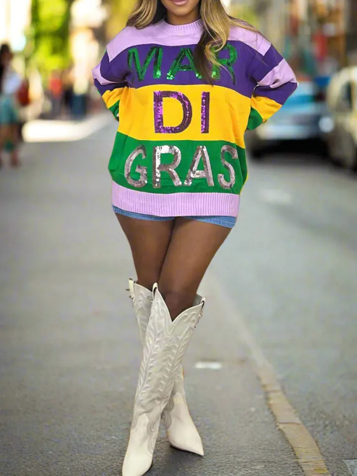 Long Sleeve Color Block Sequin Letter Pullover