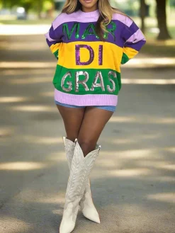 Long Sleeve Color Block Sequin Letter Pullover