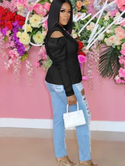 Long Sleeve Cut Out Cold Shoulder Short Coat