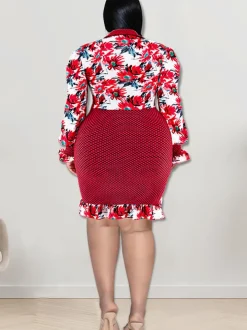 Long Sleeve Floral Print Patchwork Mini Dress