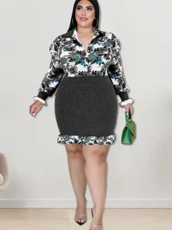 Long Sleeve Floral Print Patchwork Mini Dress