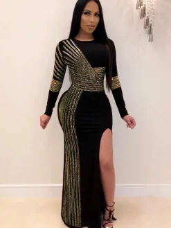 Long Sleeve Hot Drilling Sequins High Split Maxi Dress
