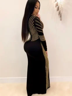 Long Sleeve Hot Drilling Sequins High Split Maxi Dress