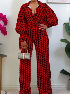 Long Sleeve Houndstooth Wide Leg Jumpsuit