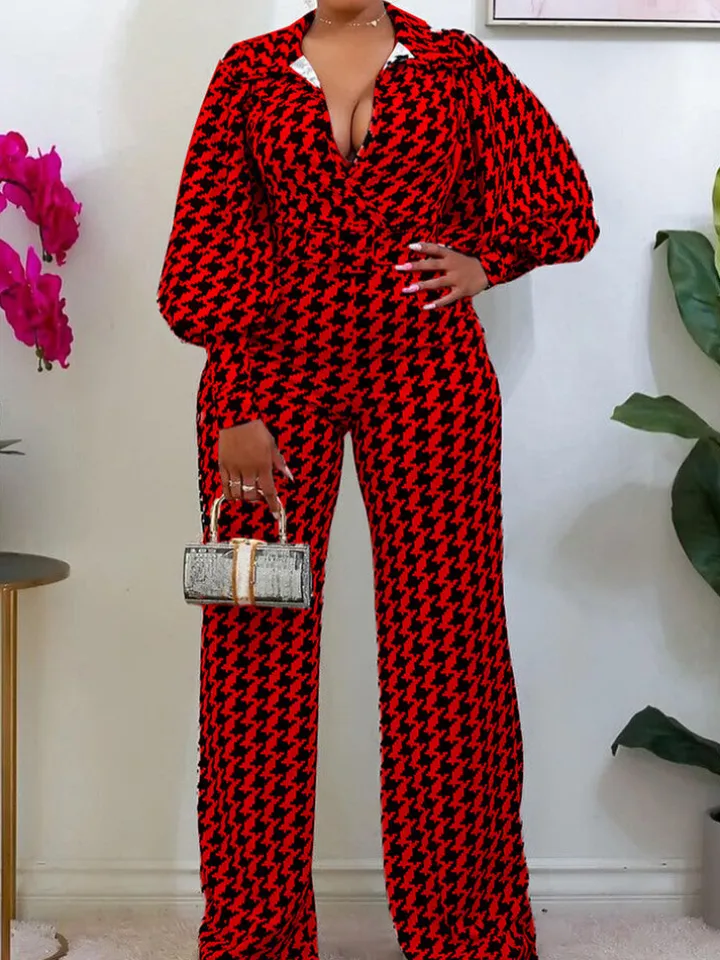 Long Sleeve Houndstooth Wide Leg Jumpsuit