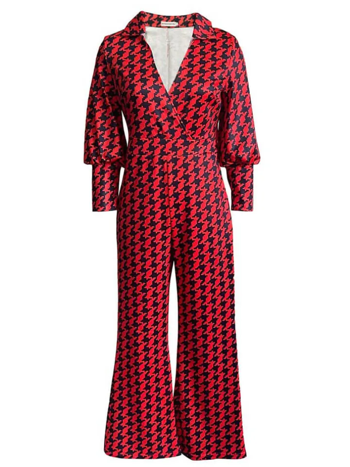 Long Sleeve Houndstooth Wide Leg Jumpsuit