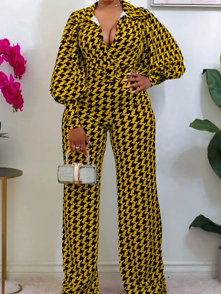 Long Sleeve Houndstooth Wide Leg Jumpsuit