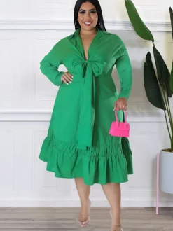 Long Sleeve Lace Up Solid Midi Dress