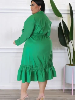 Long Sleeve Lace Up Solid Midi Dress