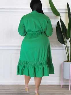 Long Sleeve Lace Up Solid Midi Dress