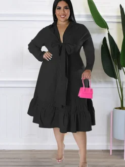 Long Sleeve Lace Up Solid Midi Dress