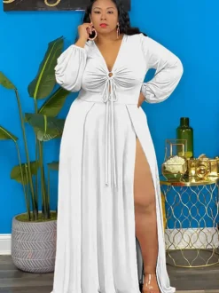 Long Sleeve Lace Up Split Maxi Dress