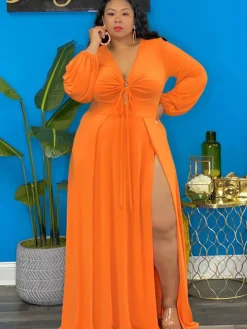 Long Sleeve Lace Up Split Maxi Dress