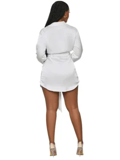 Long Sleeve Lapel V Neck Button Ruched Mini Shirt Dress